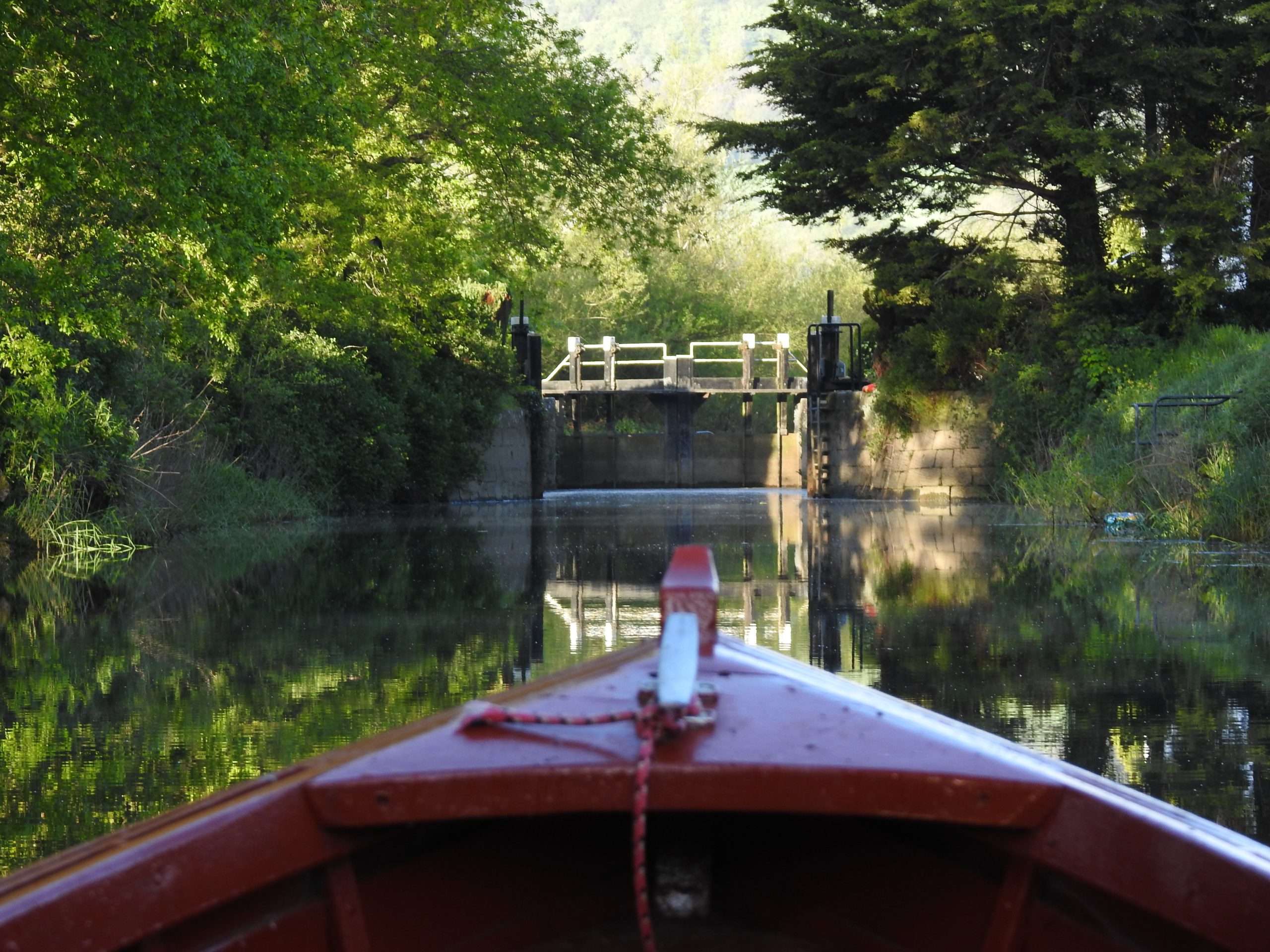 Bow of boat entering Clogrennan Lock on river Barrow Navigation during summer. Breast lock gates open.