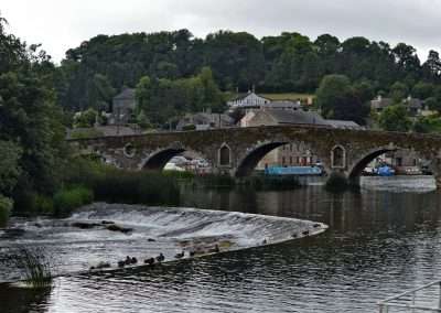 Weir and bridge on the river Barrow at Graiguenamanagh, Kilkenny, Ireland. Mallard ducks on the weir.