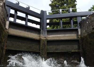 View of breast gates from inside Milford lock on the river Barrow in Carlow. Water leaking through the gates.