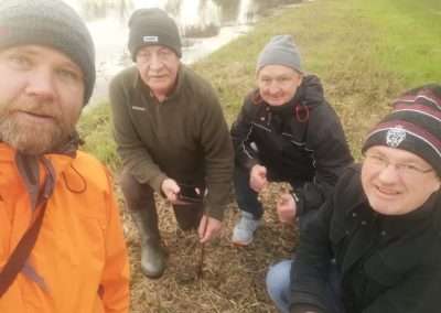 Clifford Reid, Paddy Gardiner, Pat Nolan and Liam O'Brien at the river Barrow near Fenniscourt, Bagenalstown, county Carlow, Ireland