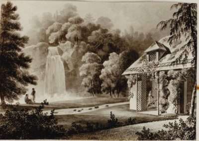 Old black and white photo of Kilfane Glen & Waterfall